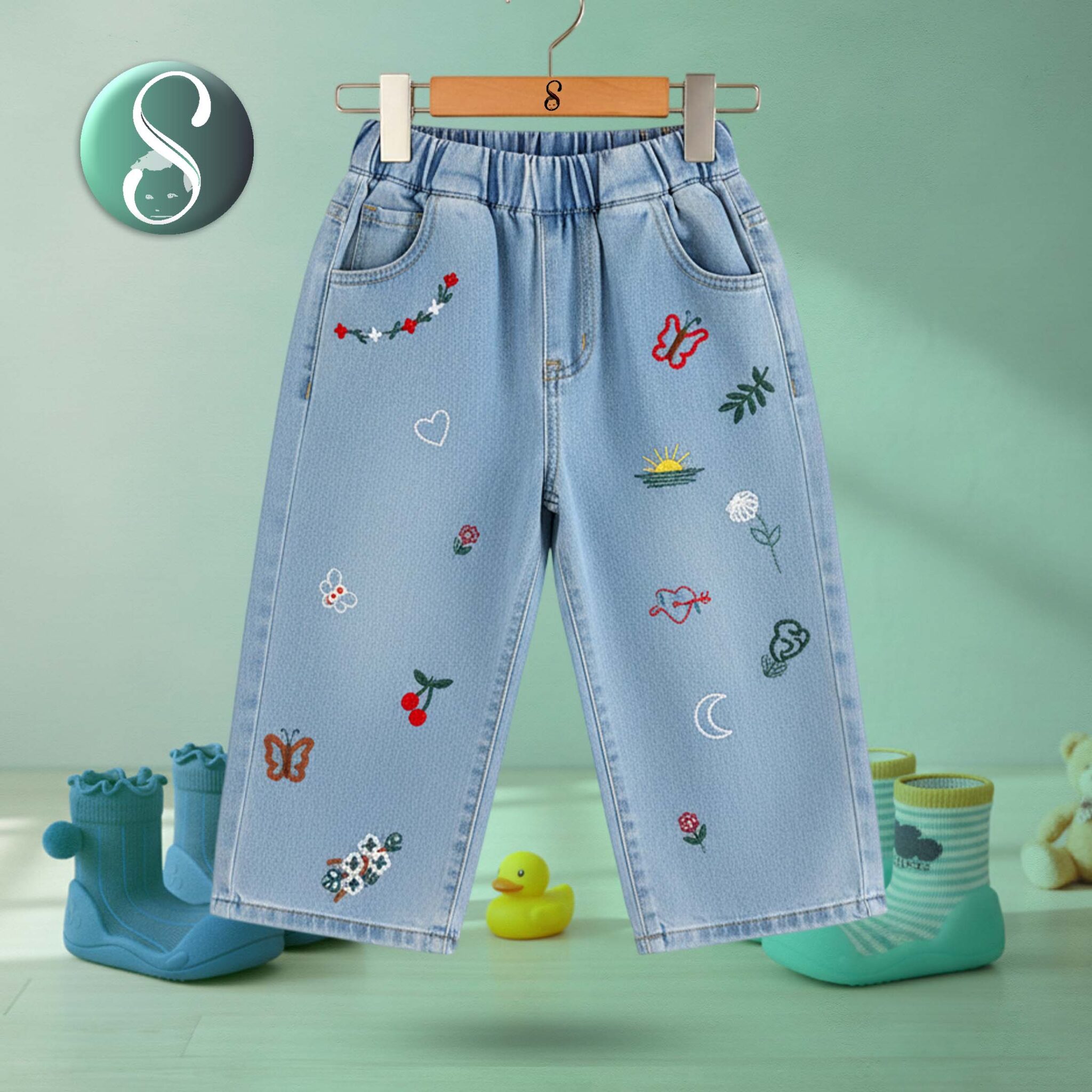 Baby Toddler Animal Plant Embroidered Denim Pants